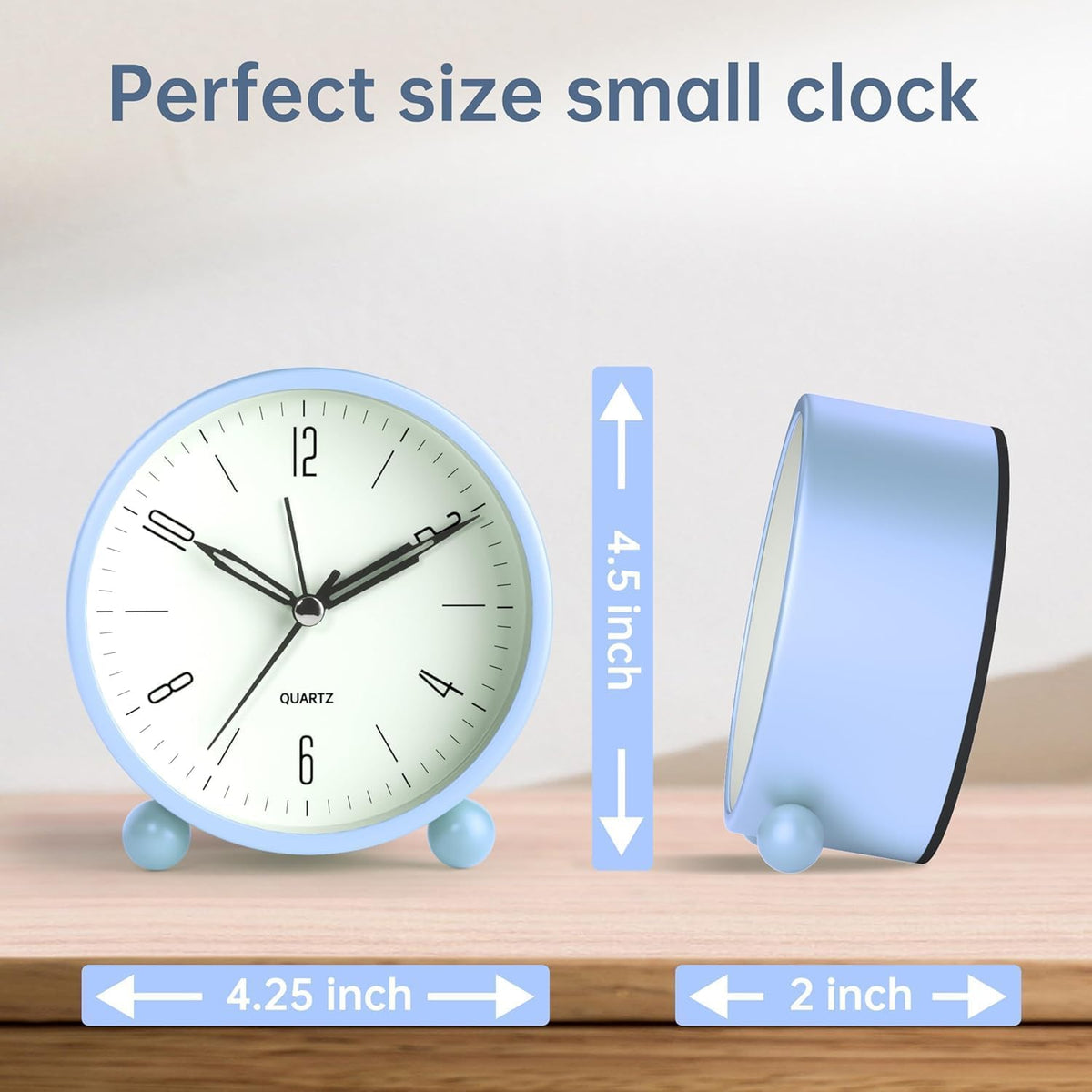 Analog Alarm Clock, 4 inch Super Silent Non Ticking Small Clock with Night Light, Battery Operated, Simple Design, Old fashioned Style SkyBlue decor, for Bedroom, Bedside, Desk, Adult, Gift, Blue