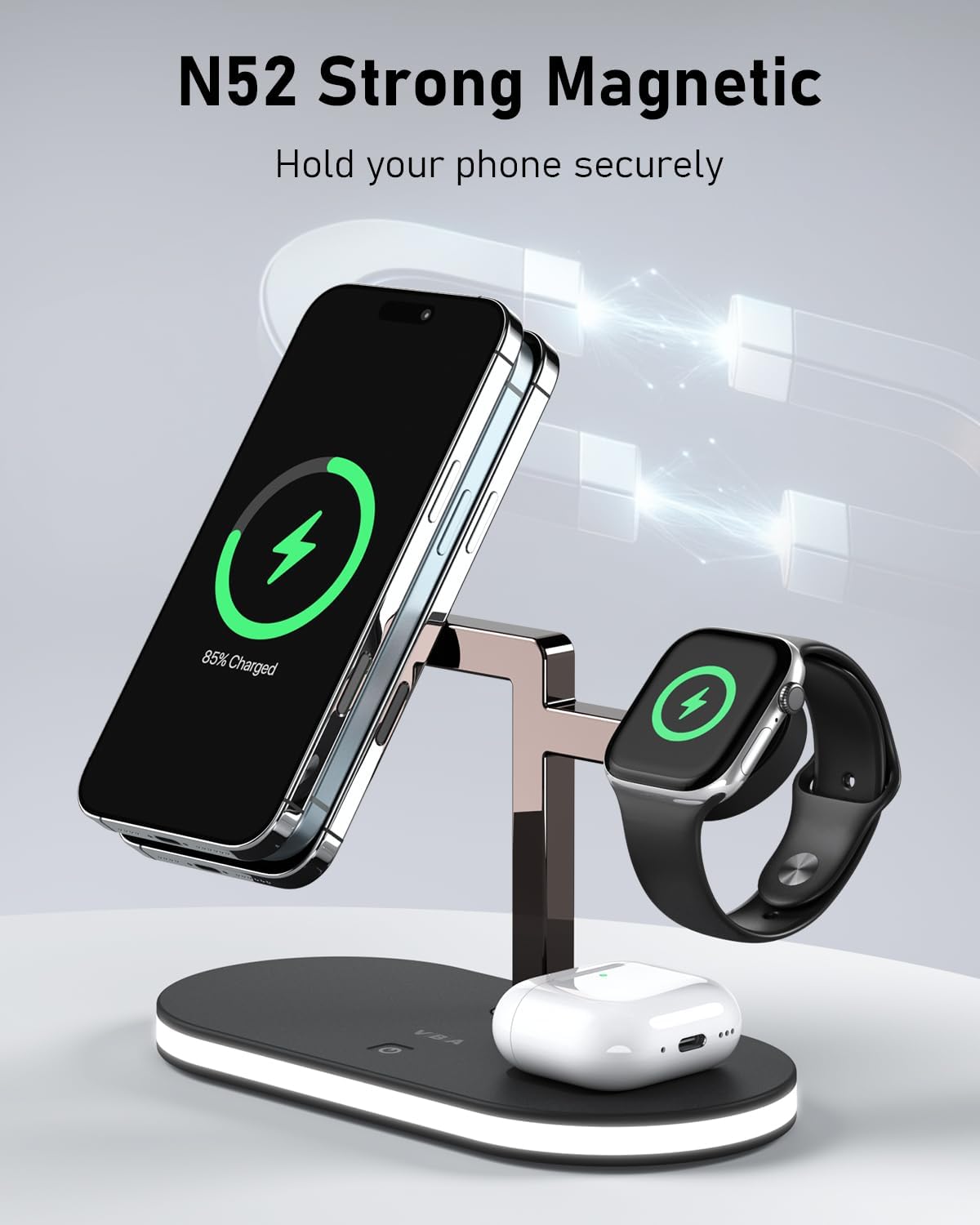 VBA 4 in 1 Wireless Charging Station for Apple MagSafe Charger,Fast Charging Magnetic Wireless Charger Stand with Night Light for iPhone 17 Air 16 15 14 13 12 Series,Apple Watch,AirPods Pro (Black)