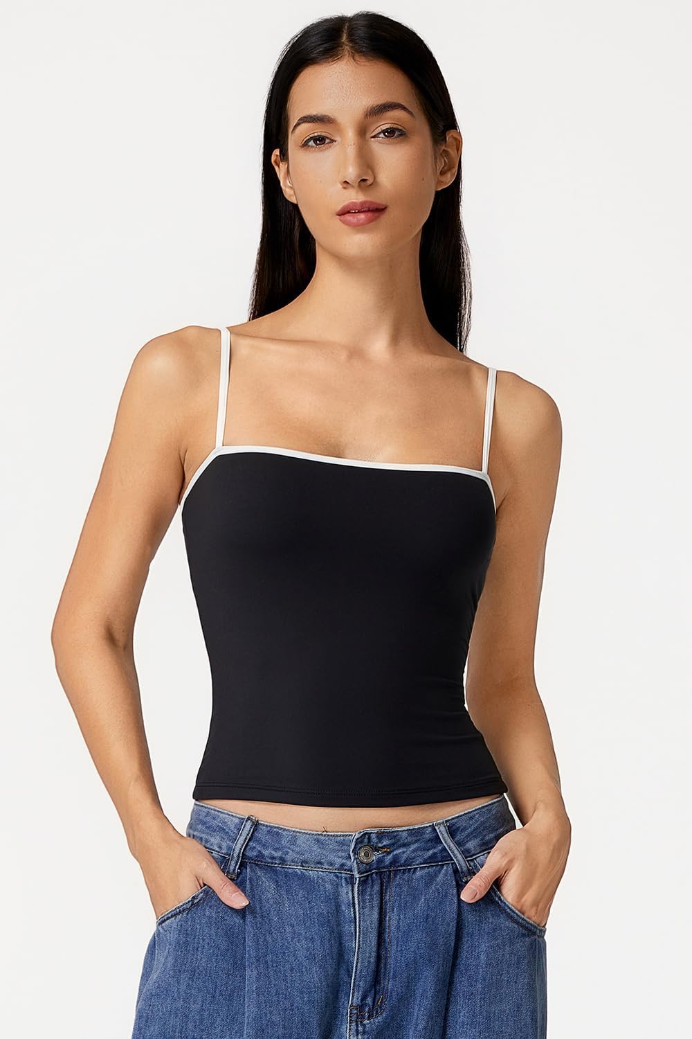 QINSEN Women's Double Lined Basic Tank Top Adjustable Spaghetti Straps Sleeveless Camisole Shirts