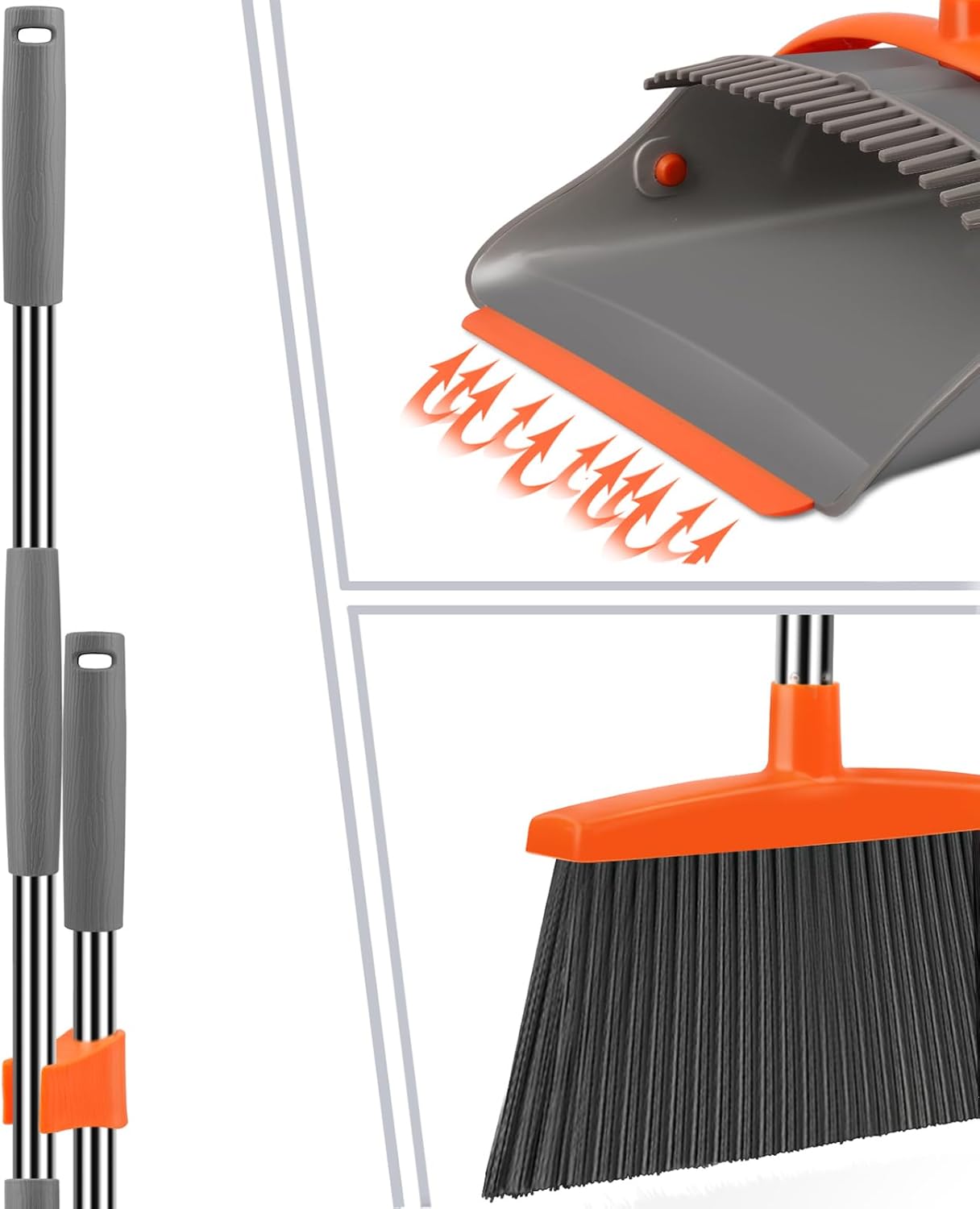 Ivandar Broom and Dustpan Set for Home, Broom and Dustpan Combo for Office, Long Handle Broom with Upright Standing Dust pan,Indoor&Outdoor Sweeping (Gray&Orange)