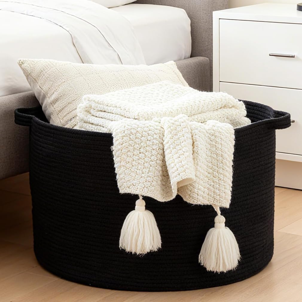 Luxury Little Extra Large Nursery Storage Basket, 22 x 22 x 14 inches - 100% Cotton Rope Baskets with Handles, Blanket Basket for Toys, Blankets & Pillows - Inner Black