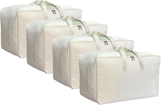 DoYiKe Soft Large Canvas Storage Bags with Zipper and Clear Window, Cotton Linen Storage Organizer for Pillows, Quilt, Blankets and Comforter, 80L, 4 Pack, Beige