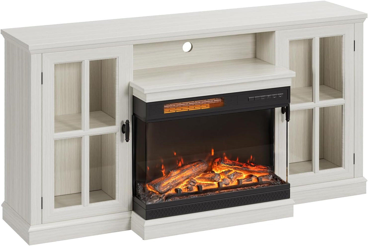 JUMMICO Fireplace TV Stand up to 65", 3-Sided Glass, Distressed White | Entertainment Center with Cabinet Storage, Adjustable Flame and LED Colors, Media Console for Living Room