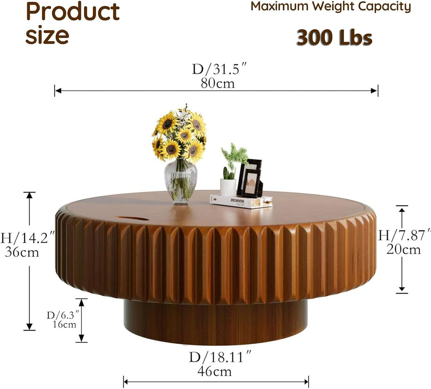 31.5'' Round Coffee Table with Storage for Living Room, Modern Circle Drum Fluted Coffee Table with Wood Veneered Circle Center Tables for Small Space Apartment (A31.5IN)