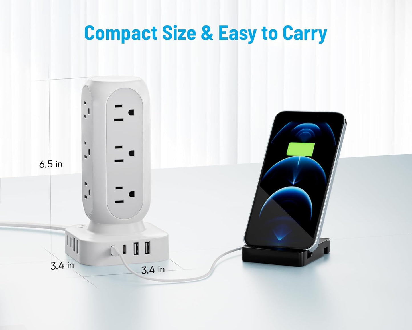 Flat Plug Power Strip Tower 10FT, 40W Total Fast Charging Station, Dual PD 20W USB-C Charger Tower with 12 AC Outlets and 8 USB Ports (4 USB C), Long Extension Cord for Home Office Dorm Room
