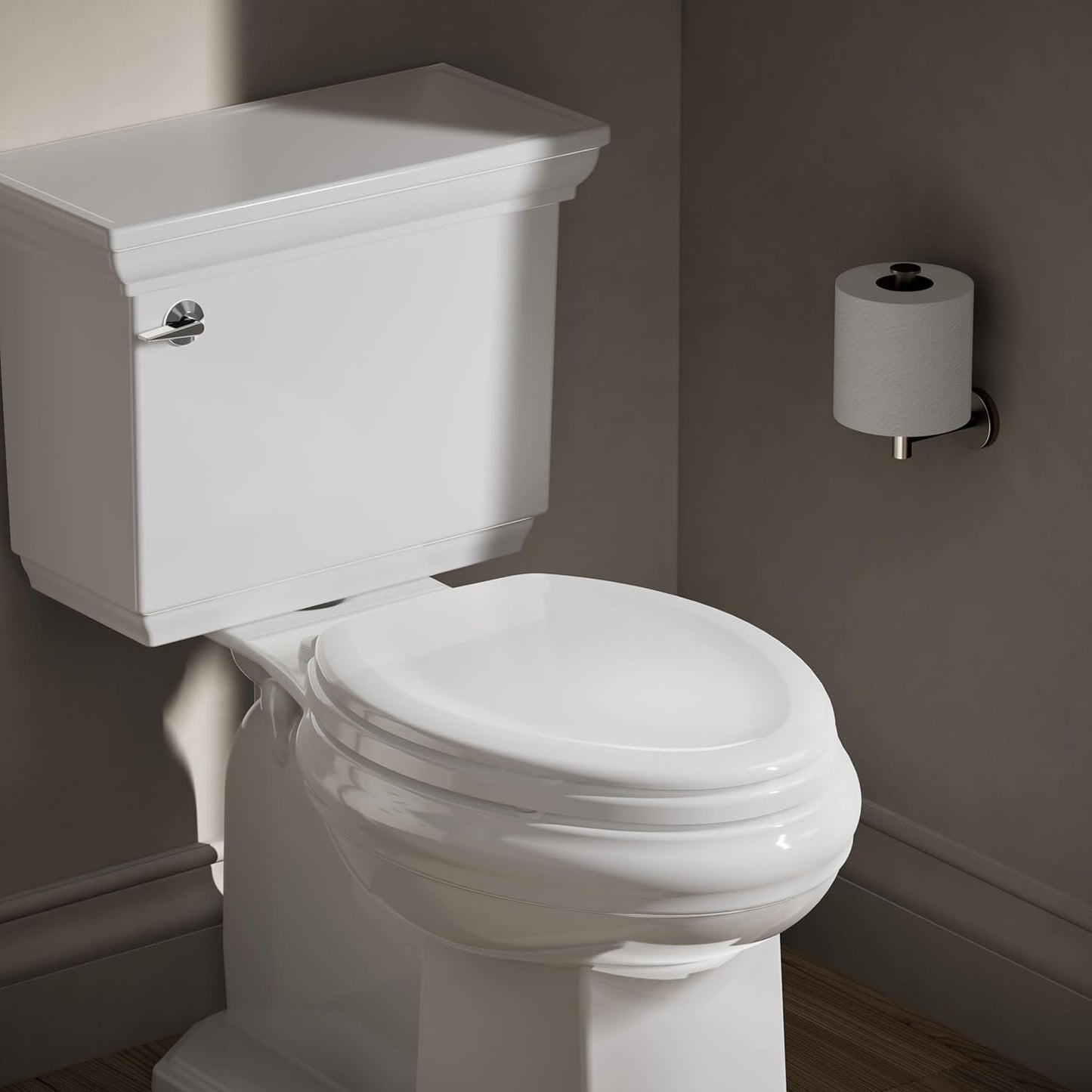 KOHLER Stonewood Quiet-Close, Elongated Toilet Seat Soft Close, Durable Wood, Easy Installation, Universal Fit, Home Essentials, White Finish, K-20466-0
