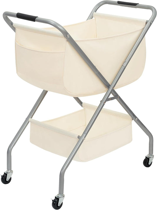STORAGE MANIAC Collapsible Laundry Cart with Wheels 31.5"H Rolling Laundry Hamper Clothes Basket with Wheels, Canvas Liner Sturdy Steel Frame Folding for Small Narrow Space Easy Storage, Beige