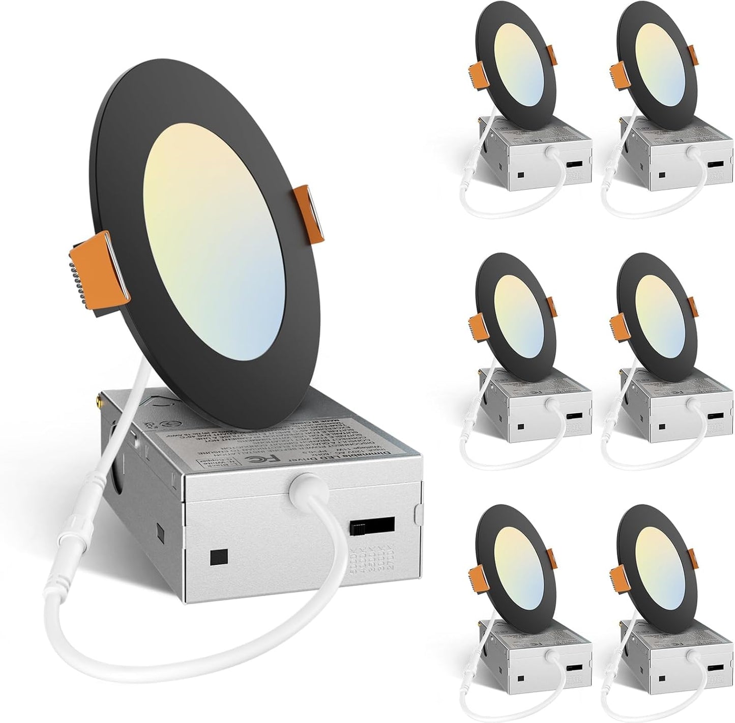 Amico 6 Pack 4 Inch 5CCT Ultra-Thin LED Recessed Ceiling Light with Junction Box, 2700K/3000K/3500K/4000K/5000K Selectable, 11W Eqv 70W, Dimmable Canless Downlight, 800LM High Brightness,Black