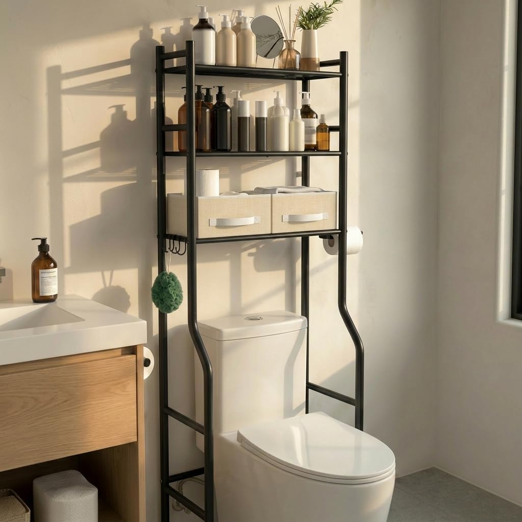 GloTika 3-Tier Over Toilet Storage with 2 Basket & Anti-Tilt System - 150lb Total Capacity Metal Bathroom Shelves Including Paper Holder & 4 Hooks, Space Saving Above Commode Organizer (64" H, Black)