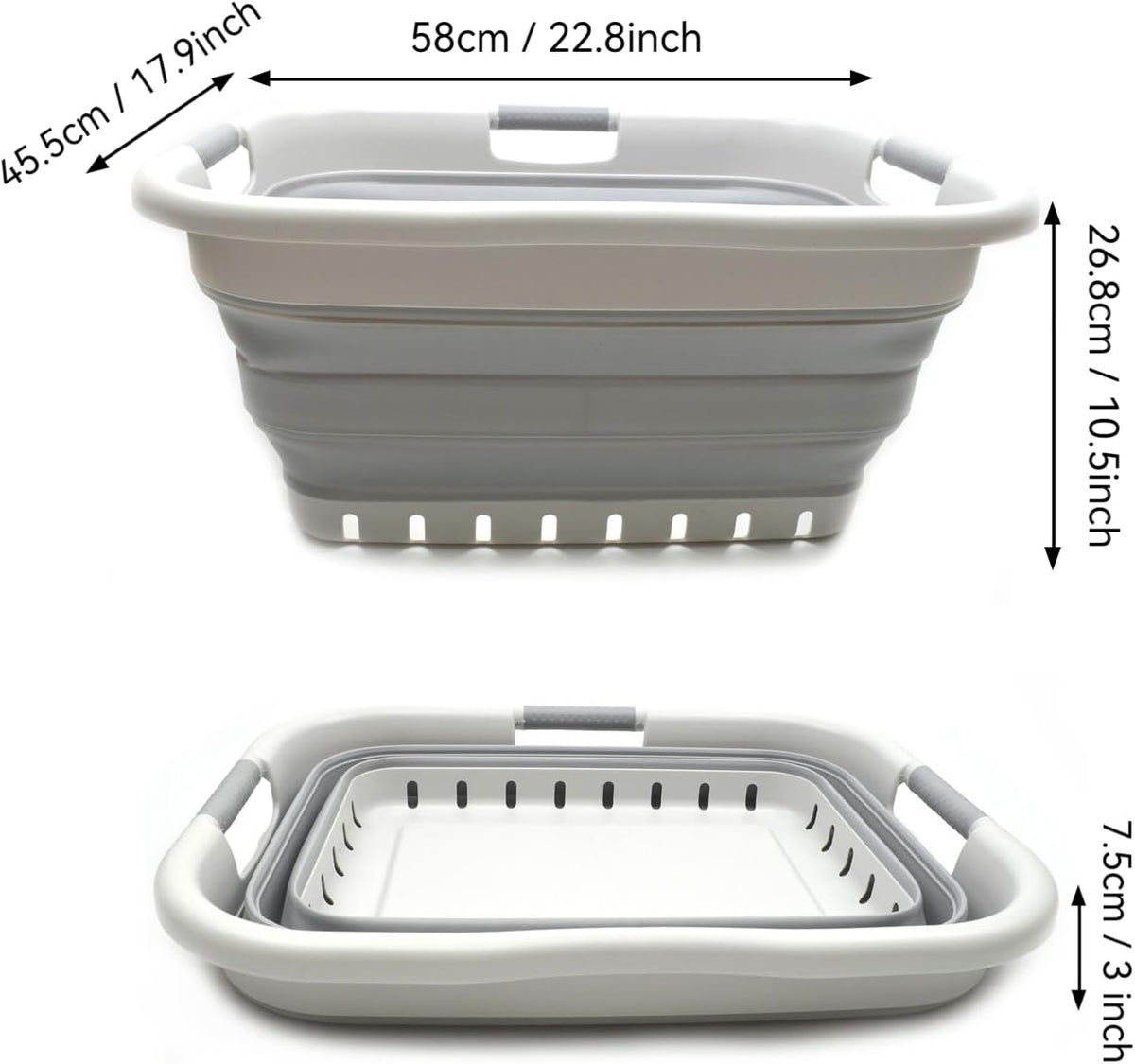 SAMMART 41L (10.8 gallon) Set of 2 Collapsible 3 Handled Plastic Laundry Basket-Foldable Pop Up Storage Container/Organizer-Space Saving Hamper/Basket (2, Grey/Grey)