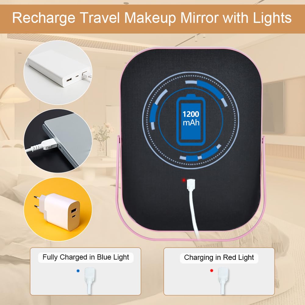 YEKKOPT Lighted Vanity Mirror, Rechargeable Travel Makeup Mirror with Lights, 8''x6'' Desk Mirror with Lights,Make up Mirror with Lighting for Makeup Desk ＆ Dressing Room