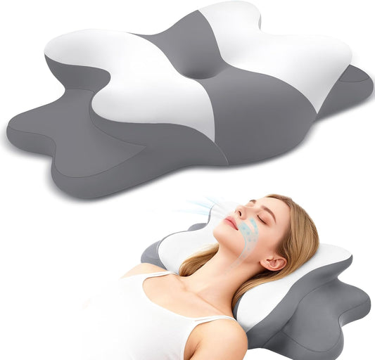 Dreams Relief Pillow,Sleep Apnea Pillow w/Neck & Snoring Relief,Orthopedic & Ergonomic Contour Cervical Memory Foam Cooling Pillow for Side Sleepers,Medium Firm Support (WhiteGrey, Queen Size)
