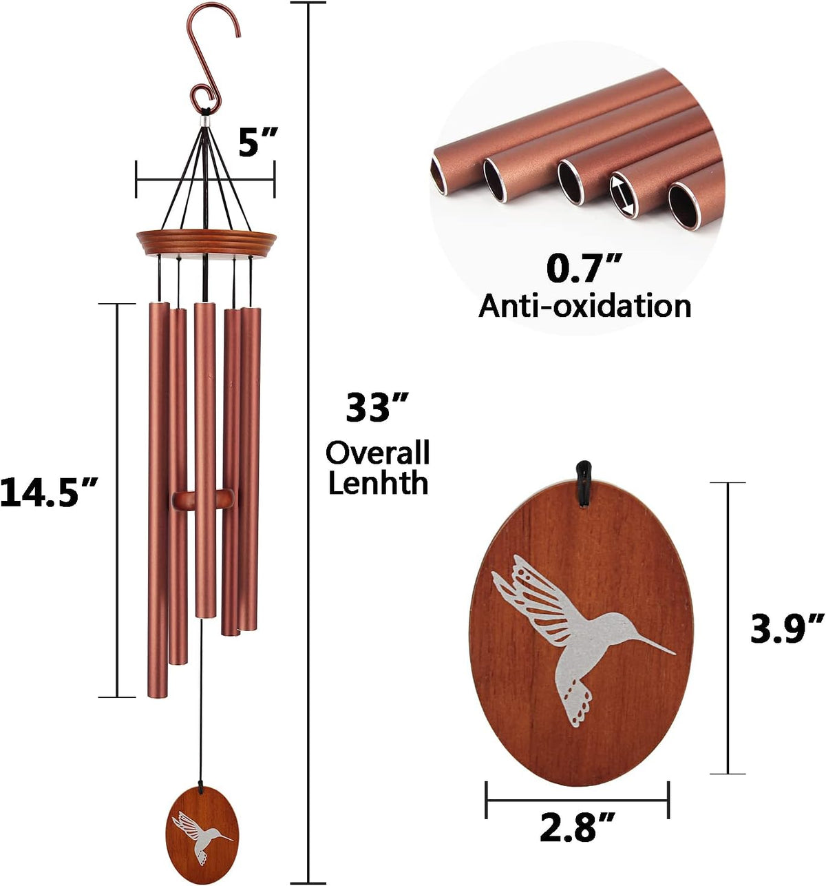 Hummingbird Wind Chimes for Outside, 33" Outdoor Wind Chimes