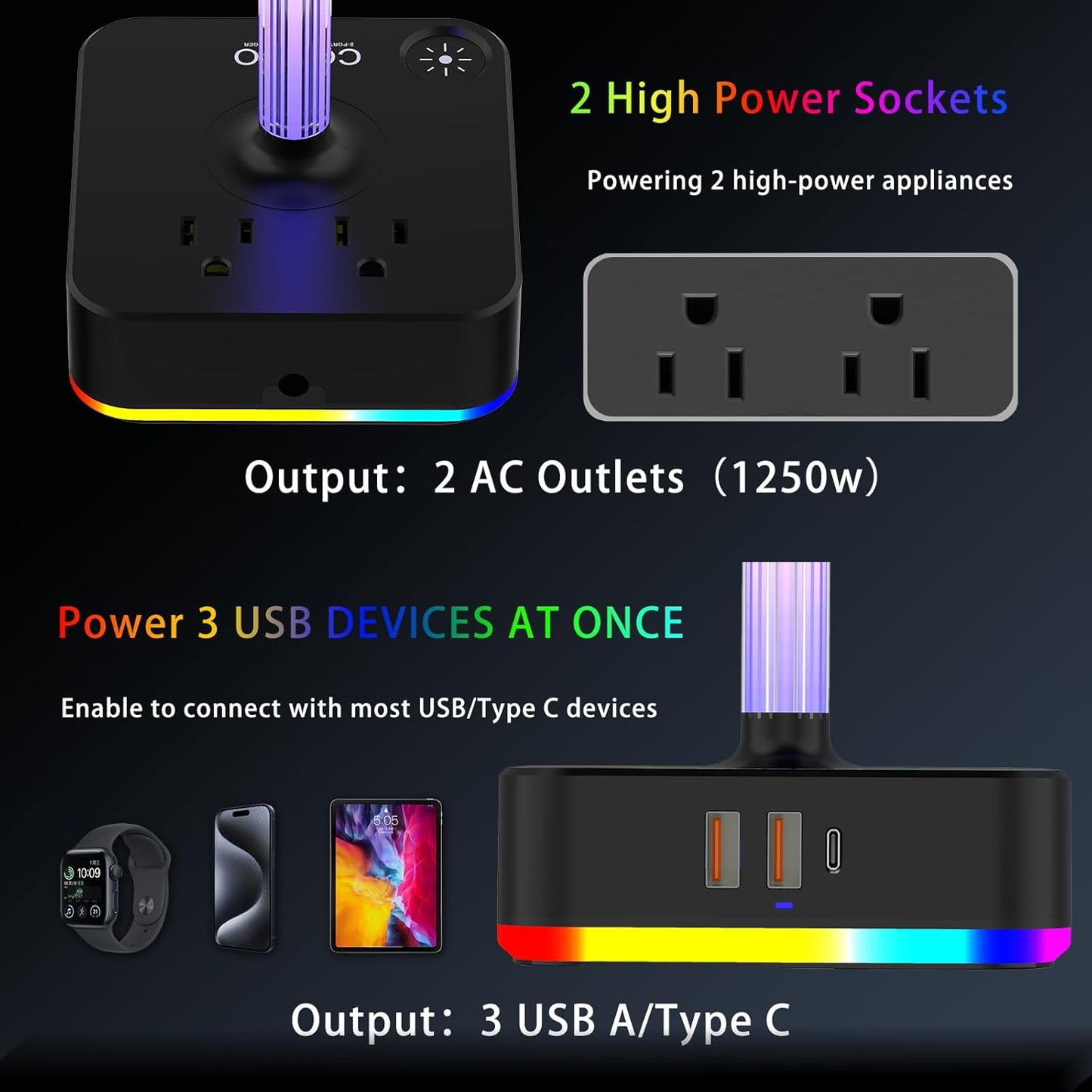 cozoo RGB Headphone Stand with Charger 3 USB Ports and 2 AC Outlets,2 USB-A 1 Type C,Desk Gaming Headset Holder with 9 Light Modes,PC Gaming Desk Accessories,Gamer Gifts,RGB Gaming Stuff Headset Stand