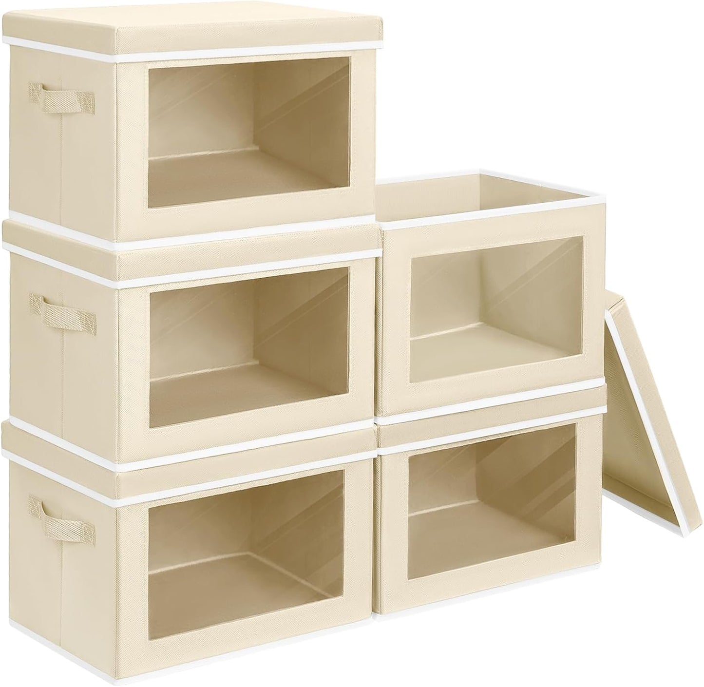 Homsorout Storage Cubes with Lids - 5 Pack Foldable Clear Window Storage Bins, Large Decorative Storage Bins with Handles, Storage Containers for Clothes, Towel, Blanket, Sheet, Beige