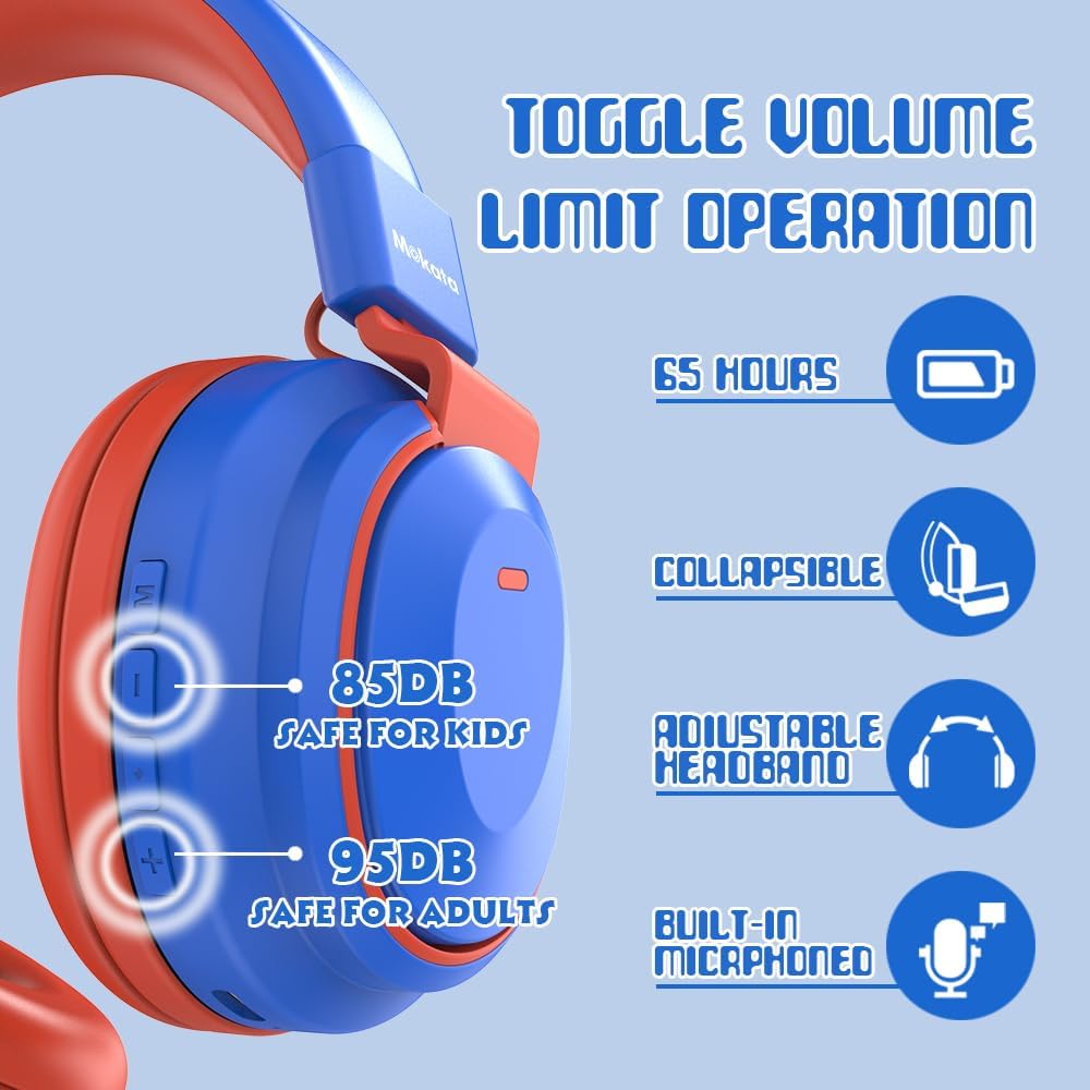 Mokata Kids Headphones Bluetooth 5.3 Wireless Lightweight Fast Charging 68 Hours Play Time Volume Limited 85/94dB Over Ear Foldable with Built-in Mic for Toddler Boy Girl Tablet Pad Blue