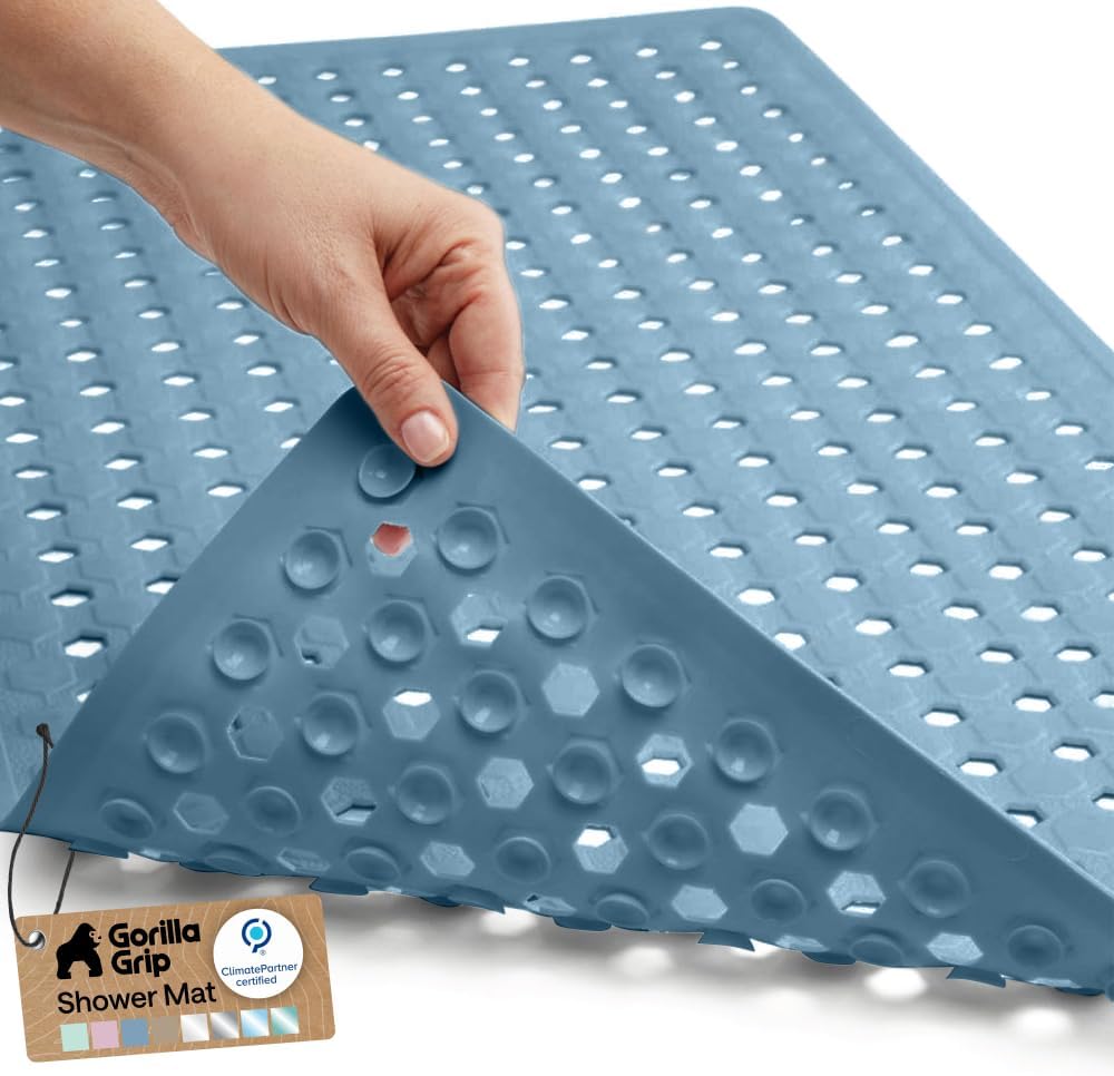 GORILLA GRIP Patented Bath Tub Shower Mat, Machine Washable Bathtub Floor Liner Mats, Suction Cups and Drain Holes to Keep Tubs Clean, Soft on Feet, Bathroom Essentials, 35x16 Inch, Sky Blue Opaque