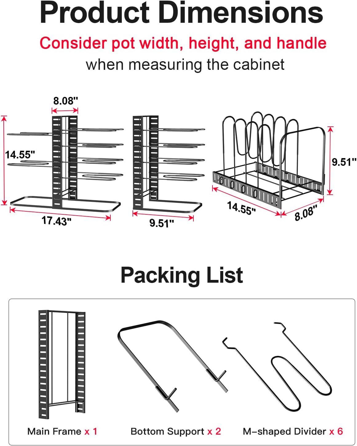 MUDEELA Pots and Pans Organizer Rack under Cabinet 14.55in Height, 8-Tiers Adjustable Pot Rack with 3 DIY Methods, Pot Lid Organizer inside Cabinet for Kitchen Pantry Organization and Storage