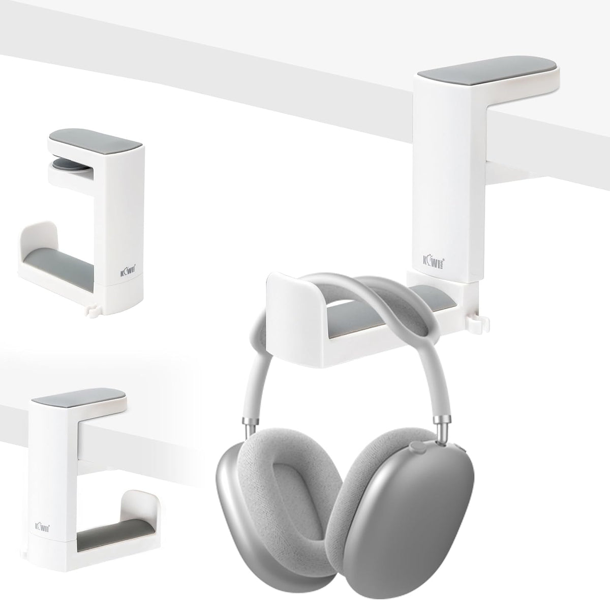 KIWIFOTOS Headphone Stand Holder Under Desk, PC Gaming Headset Hook Hanger Mount with 360 Adjustable Rotating Arm Clamp & Built in Cable Clip - White