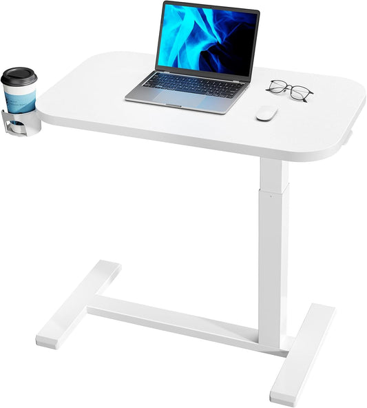 HUANUO 32Inch Bedside Table with Wheels, Height-Adjustable Rolling Computer Cart, Overbed Table with Cup Holder, Pneumatic Laptop Standing Desk for Home Office, White