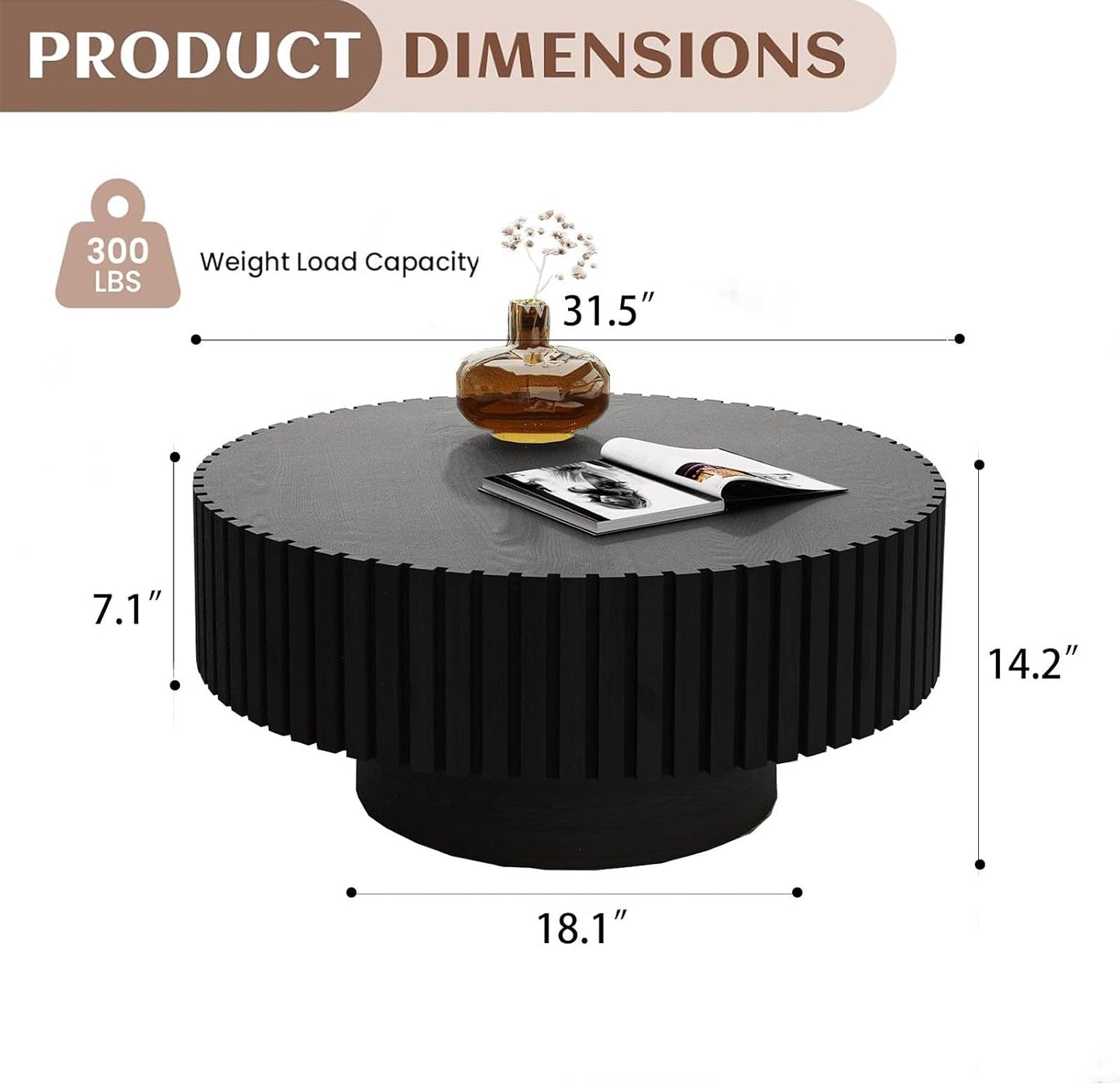 Modern Round Coffee Table for Living Room (Round Black) | Drum Round Fluted Coffee Table, Circular Pedestal Center Table, for Office Patio