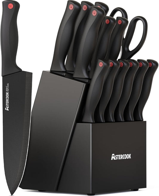 Knife Set, Astercook 15 Pieces Knife Sets for Kitchen with Block, Dishwasher Safe Kitchen Knife Set with Built in Sharpener Block, German Stainless Steel Kitchen Utensils Set
