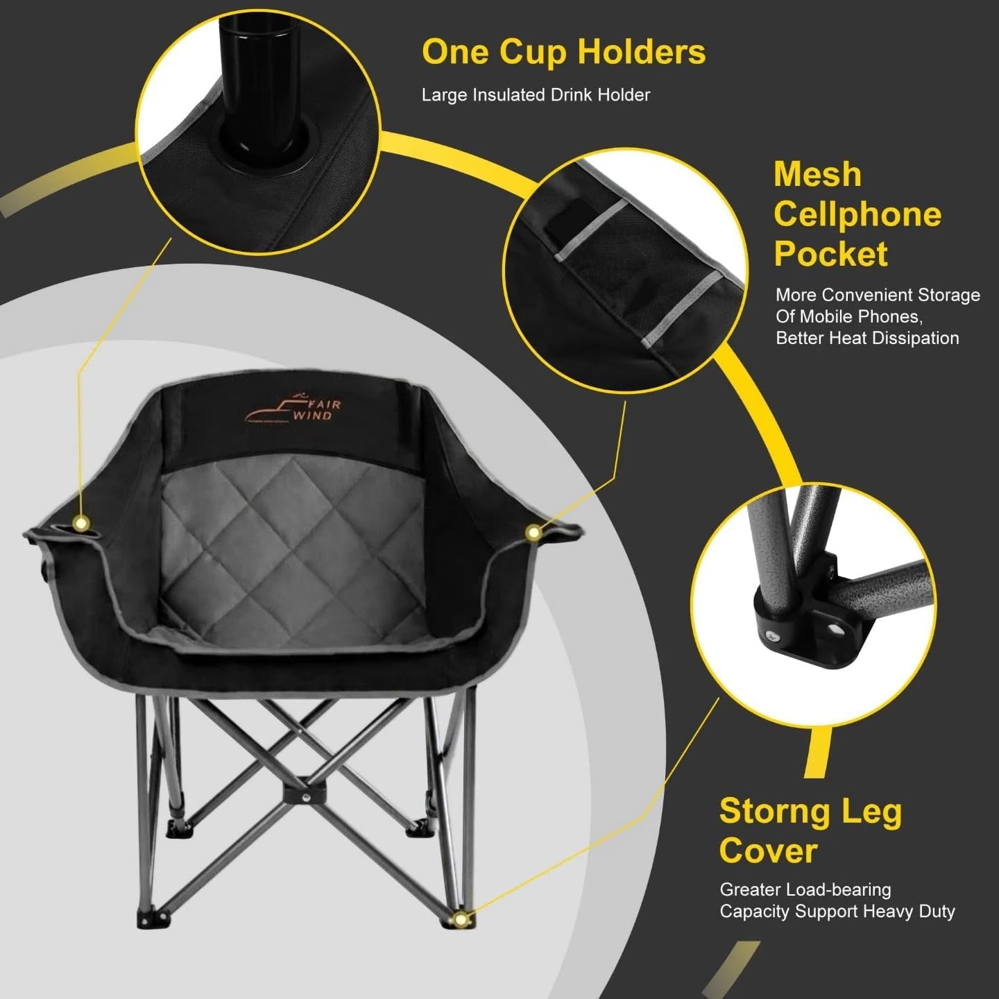 FAIR WIND 2 Pack Oversized Padded Camping Chair Heavy Duty Quad Fold Arm Chair Portable for Outdoor - Support 500LBS, Black