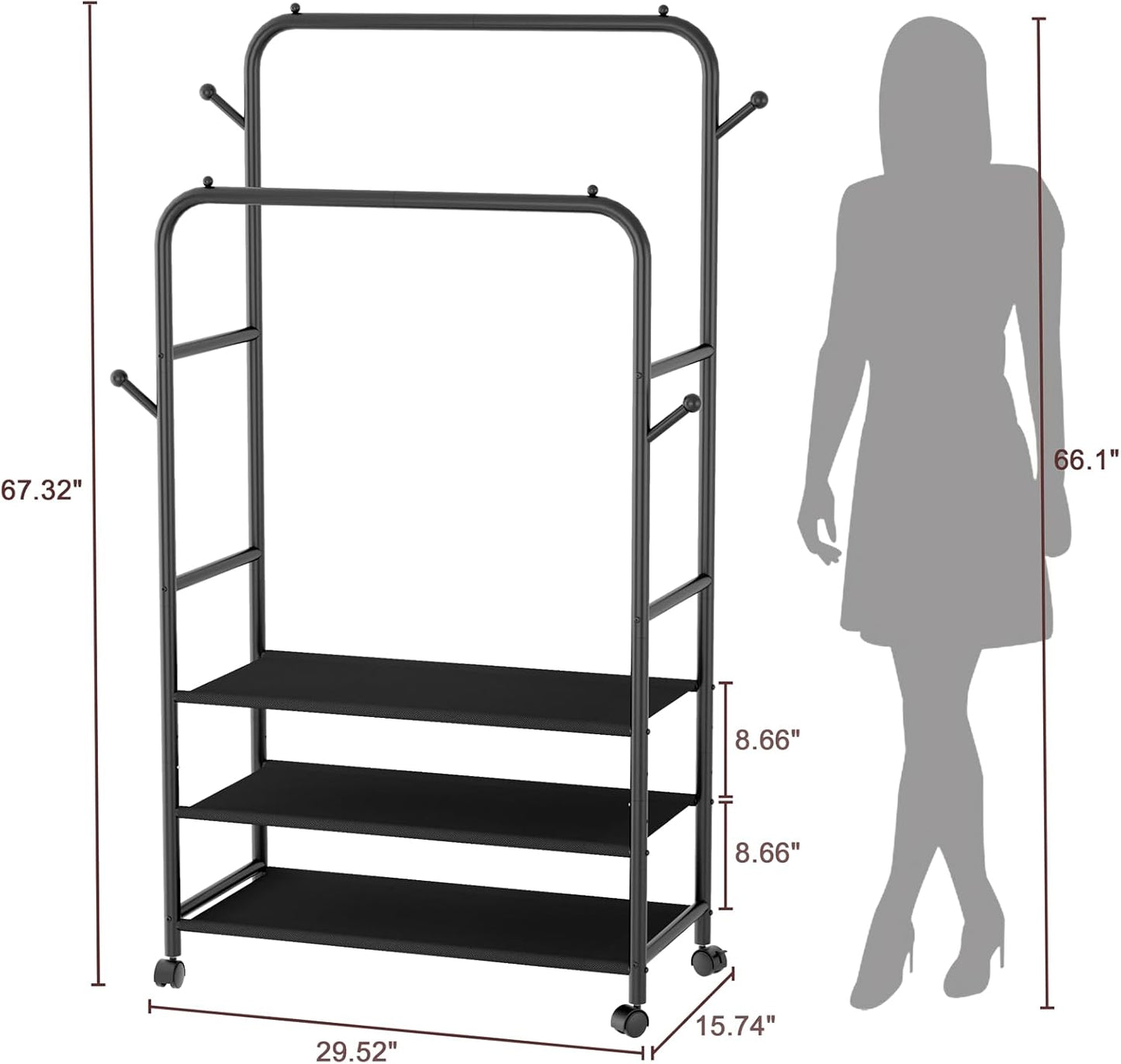 Furologee Clothes Racks for Hanging Clothes, Double Rods Clothing Rack with 3-Tier Storage Shelves, Rolling Garment Wardrobe with Wheels, Portable Free Standing Closet for Bedroom, Laundry Room, Black