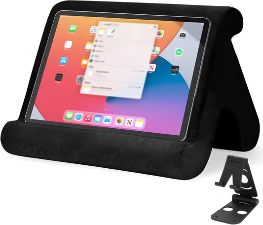 Universal Multi-Angle Tablet Stand Holder-Soft Pad Stand with black phone holder for Lap,Knee,Sofa and Bed,Compatible with iPad Pro 9.7,10.5,12.9 Air Mini 4 3,Kindle,Galaxy Tab,E-Reader (Black)
