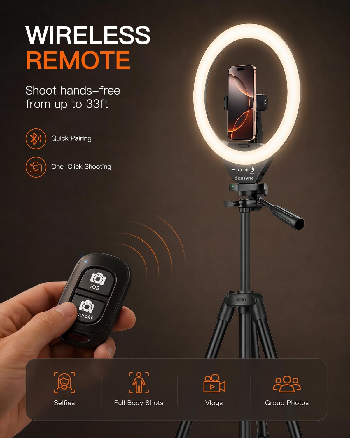 Sensyne Ring Light with Stand, 50" Phone Tripod for iPhone & Android, LED Ring Light with Remote, 3 Color Modes & 10 Brightness Levels for TikTok, Zoom & Video Recording