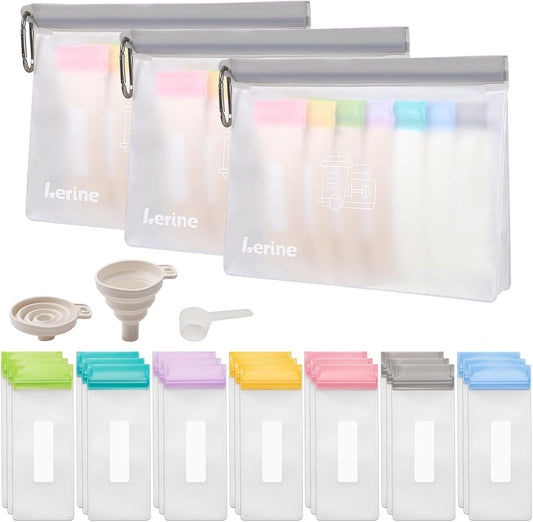 Lerine Protein Powder Travel Container Set, Reusable Protein Powder Container To Go, 21Pcs Single Dose Bags & 3Pcs Large Zip Bags, Portable Supplement Storage Containers with Funnel, Spoon