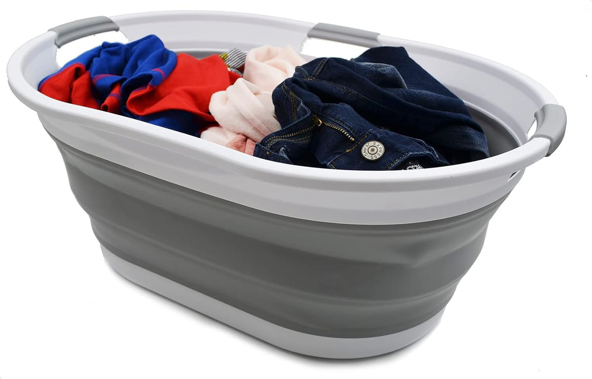 SAMMART 44L Collapsible Plastic Laundry Basket - Foldable Pop Up Storage Container/Organizer - Portable Washing Tub - Water Capacity: 35L(1, White/Grey), Size : 25.4 x 17.8 x 10.6 inches