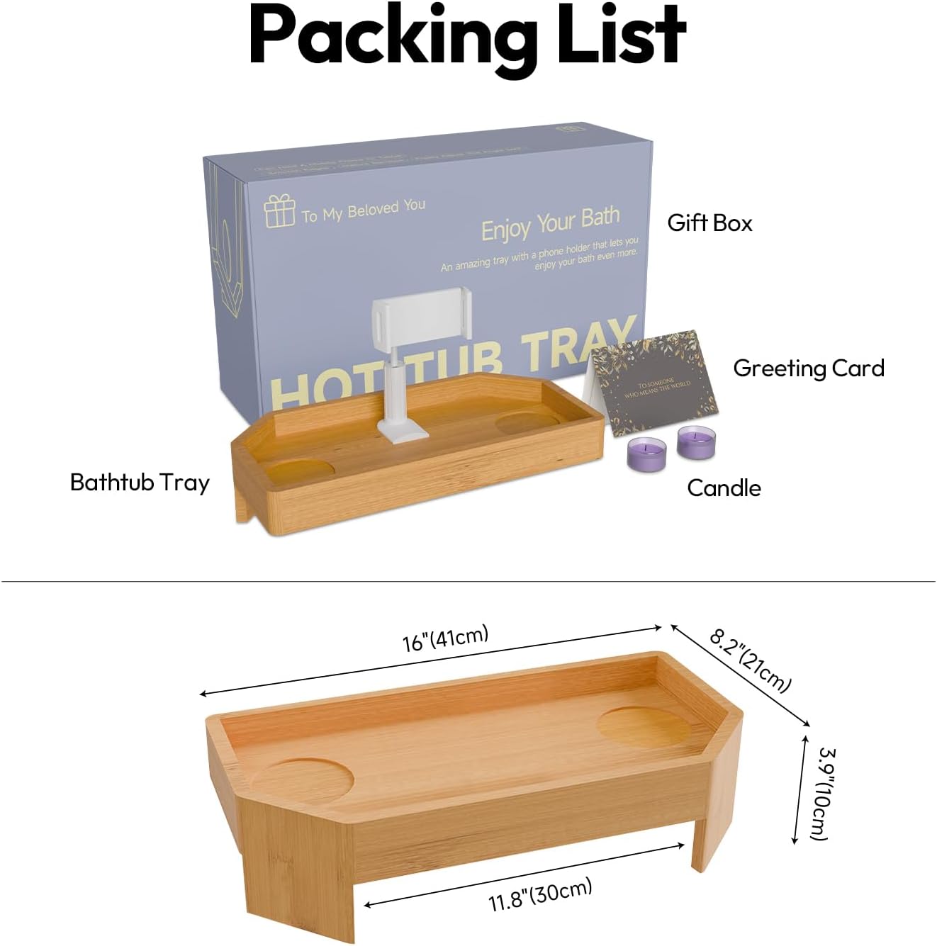 POOLCOMFT Bamboo Hot Tub Tray with Adjustable Phone Holder, Non Slip Hot Tub Table with Card & Scented Candle, Hot Tub Accessories - Unique Gift Idea for Spa Lover, Women, Parents