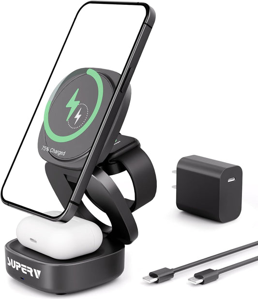 SUPERV 3-in-1 Wireless Charging Station: Charger Stand for Multiple Devices for Apple - iPhone 17/16/15/14/13/12 Series, Apple Watch, Airpods, Portable Travel Charging Station (Black)