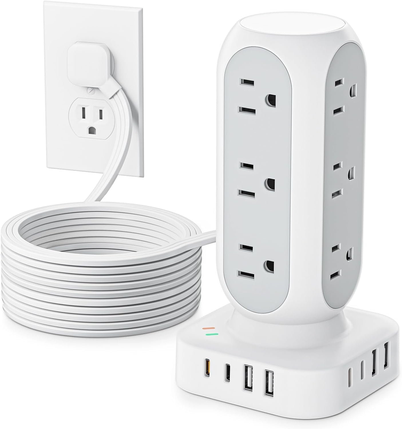 Flat Plug Power Strip Tower 10FT, 40W Total Fast Charging Station, Dual PD 20W USB-C Charger Tower with 12 AC Outlets and 8 USB Ports (4 USB C), Long Extension Cord for Home Office Dorm Room