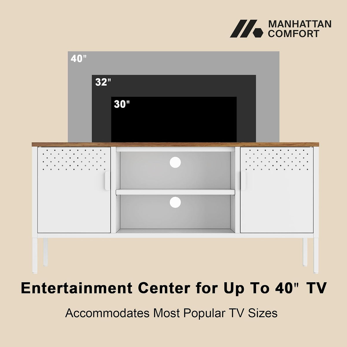 Manhattan Comfort Landen 47" Modern Metal TV Stand with Storage Cabinets & Open Shelves, Holds Up to 40" Screen, TV Console with Natural Wood Top, Cable Management, Adjustable Legs, White