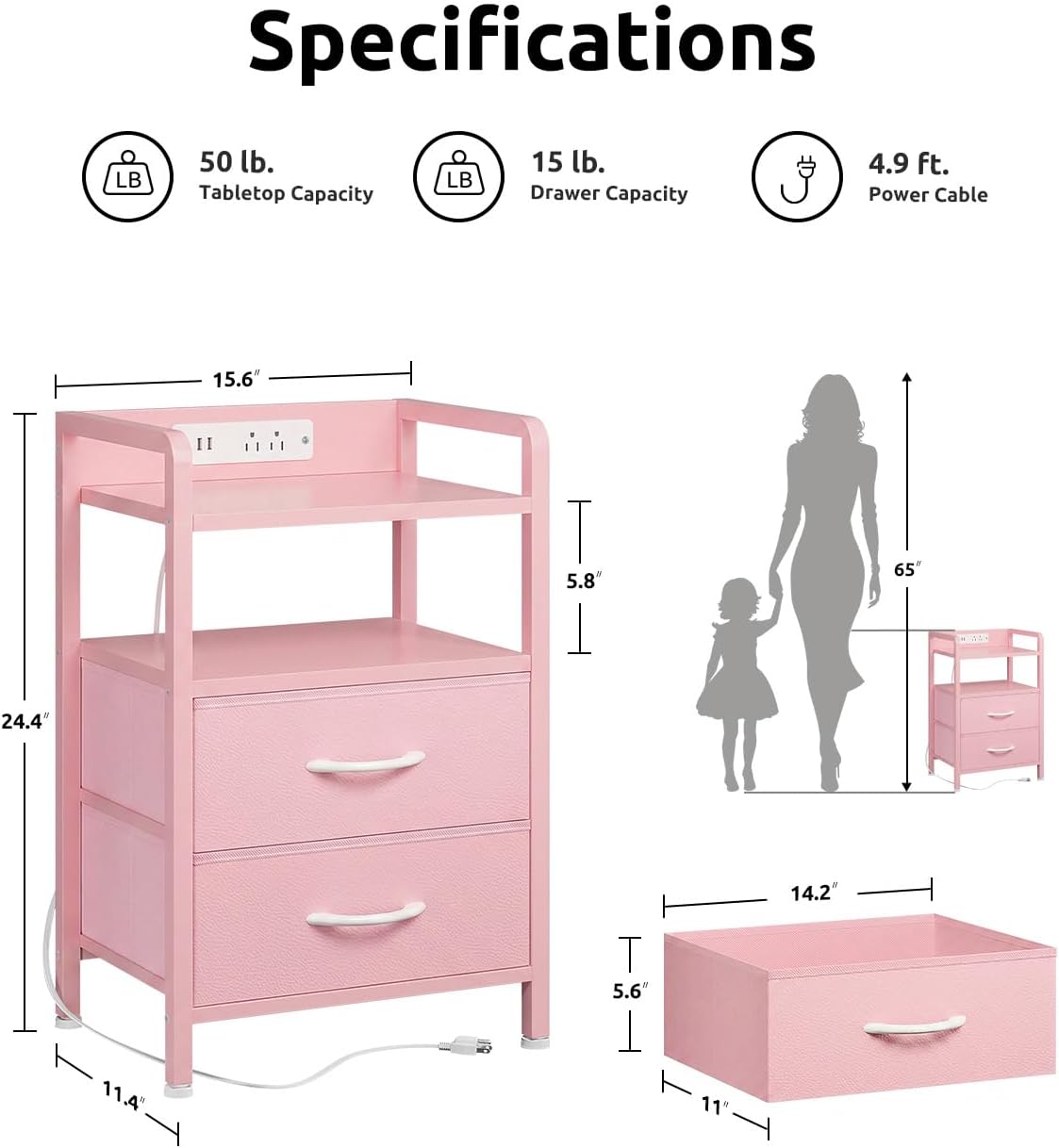 Lazzanto Night Stand Bedside Charger Bedroom - Nightstand with Charging Station & LED Light Strip, Night Stand with Storage Shelf & 2 Fabric Drawers, Morden End Table with USB Ports&AC Outlets,Pink