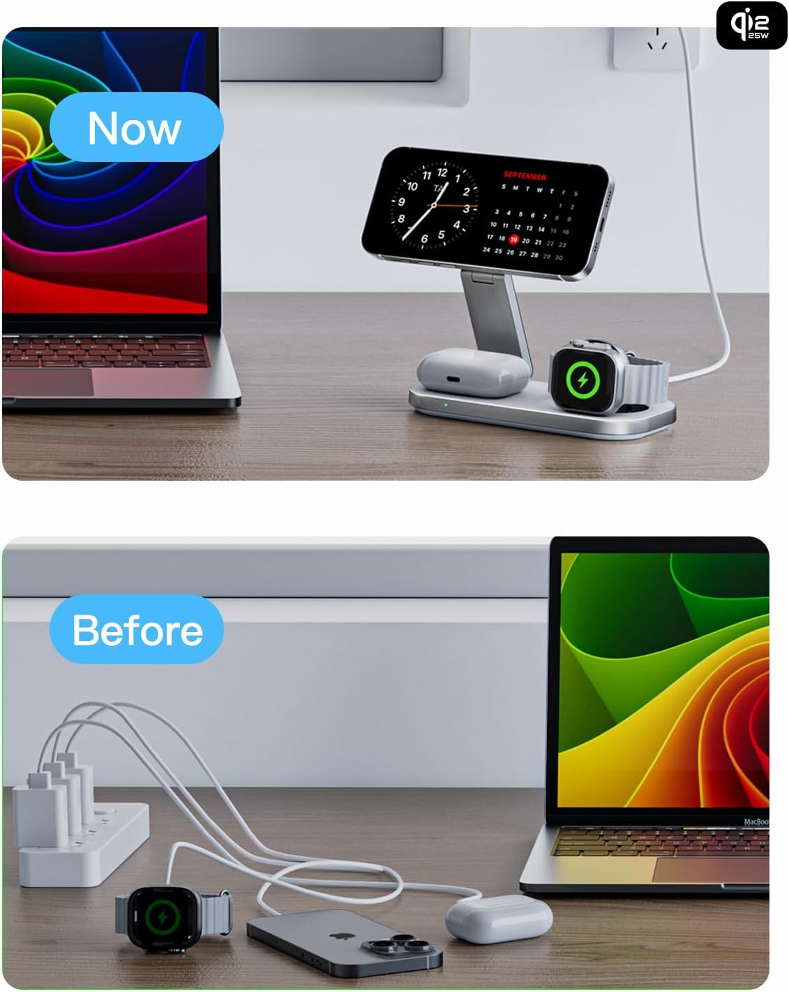 3-in-1 Charging Station for Apple Device, Qi2 25W Certified Magnetic Wireless Foldable Fast Charger Stand Compatible with MagSafe for iPhone 17e/17/16/15/14/13/12/Air Series, Apple Watch & AirPods