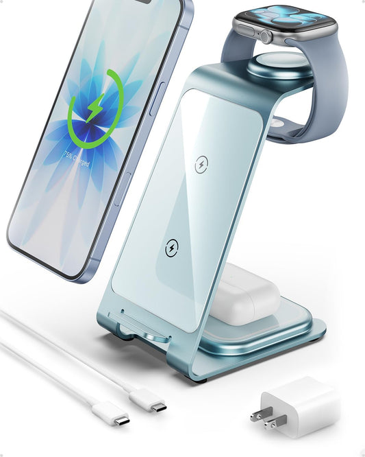 Intoval Aluminum 3 in 1 Wireless Charging Station for iPhone 17 16 15 14 13 12 11 Pro Max XR, Wireless Charger for Apple Watch 11 10 9 8 7 Ultra SE 3 2, Phone Charger for AirPods 4 Pro 2 3 (Blue)