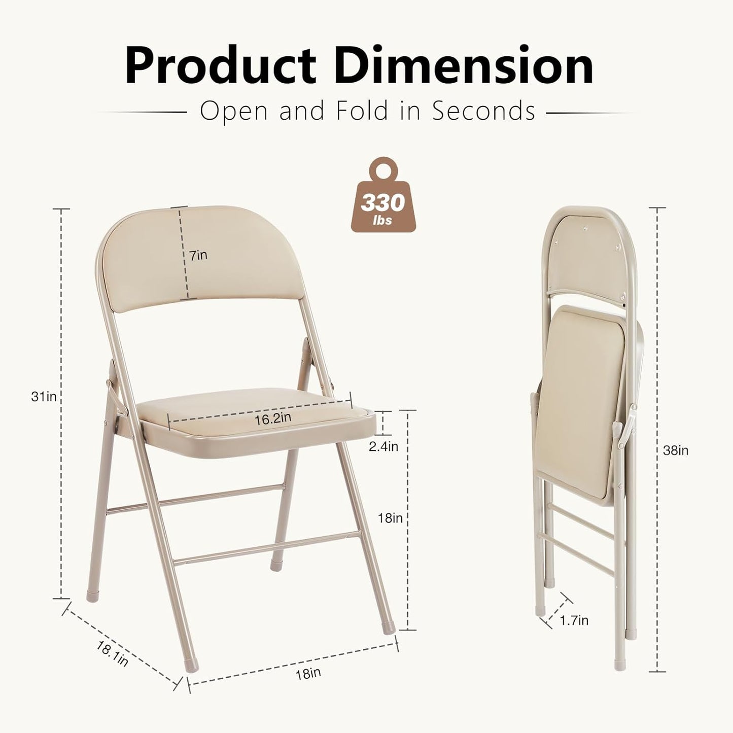 DUMOS 2 Pack Leather Padded Folding Chair, Indoor Outdoor Portable Stackable Commercial Seat with Steel Frame, Capacity for Home, Office, Party, Comfy, Kahki