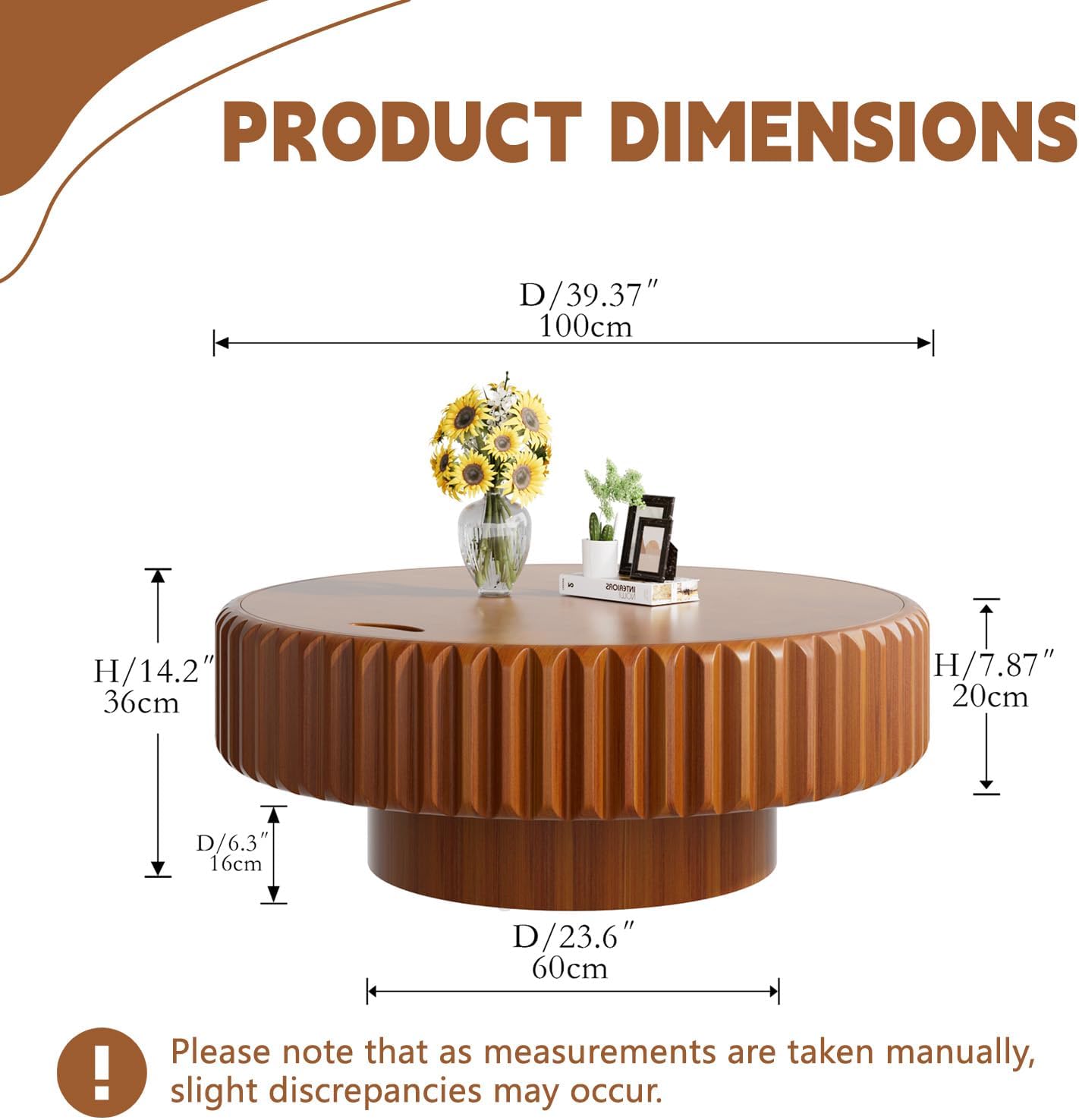 39.4" Brown Round Fluted Storage Coffee Table | Round Drum Coffee Table with Storage Handcrafted Solid Wood Fluted Edge, Sturdy Cylindrical Base for Living Room Apartment