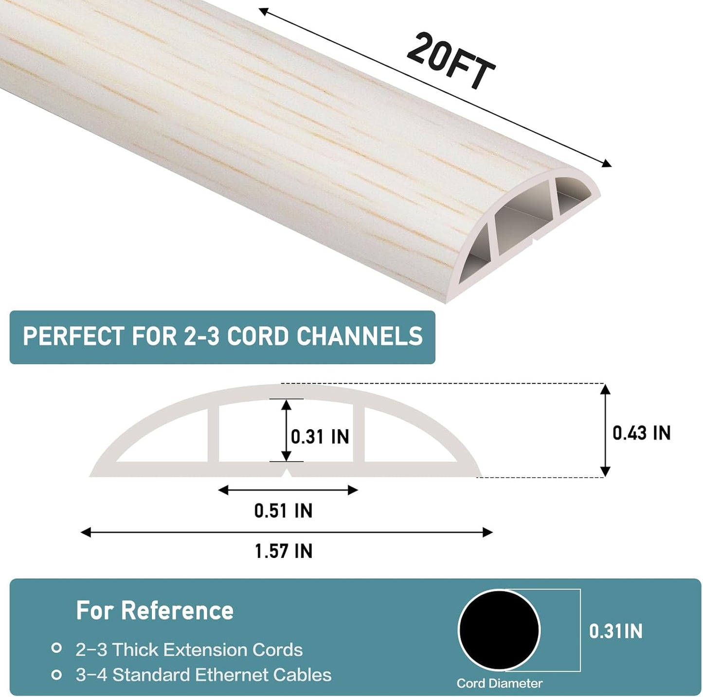 LSGCQ Floor Cord Cover Self Adhesive Cord Hider Floor Cable Management | Cord Covers for Wires on Floor Cable Cover, Prevent Cable Trips, Cable Cavity 0.51" W x 0.31" H, 20Ft, Beige Wood