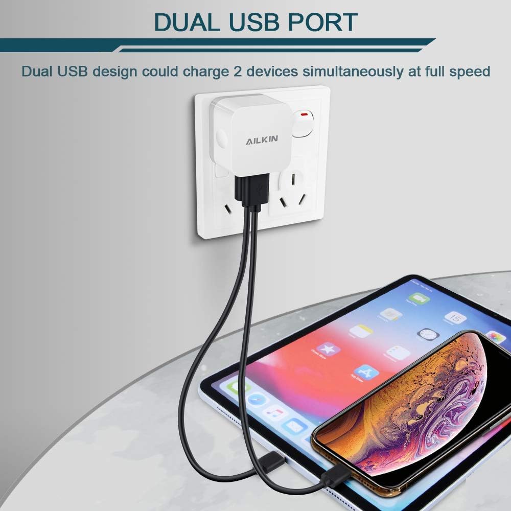 2Pack USB Wall Charger Plug, AILKIN 2.4A Dual Port USB Adapter Power Cube Fast Charging Station Box Base for iPhone 17 16 15 14 13 12 Pro Max SE 11 XR XS, Samsung, Phones Charge Block-White Brick