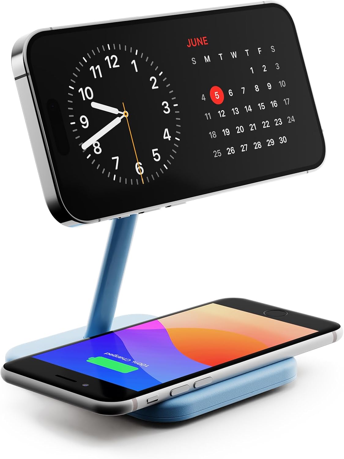 Twelve South HiRise 2 Deluxe 2-in-1 Wireless Charging Station, Glacial Blue | The Qi2 magnetic arm delivers 15W to your iPhone while the 5W base tops up AirPods Pro; tilts 70 degrees for StandBy mode.