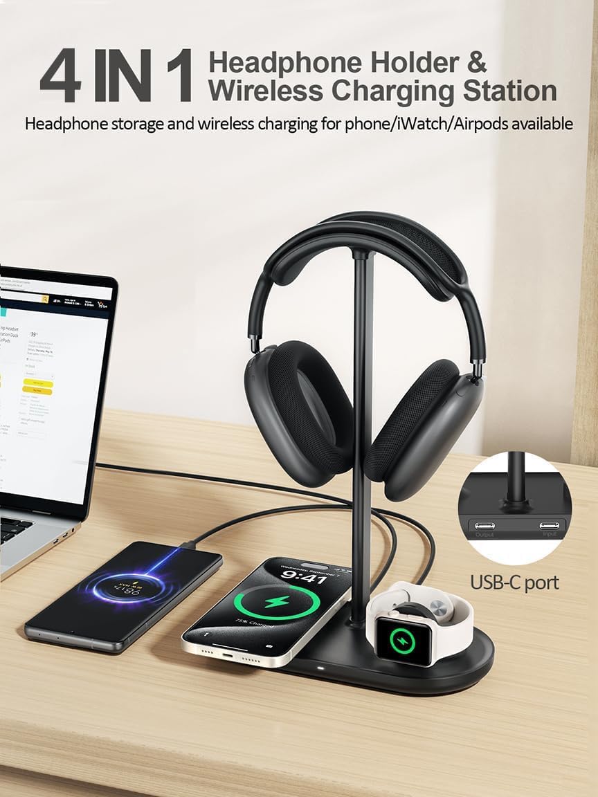 4 in 1 Headphone Stand, Airpod Max Charger Stand with 15W Wireless Charger