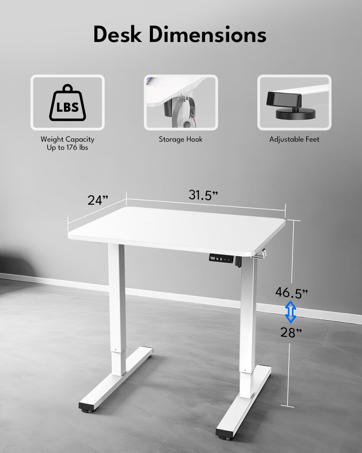 Standing Desk, Height Adjustable Electric Stand up Desk, 31.5 x 24 Inches Sit Stand Home Office Desk with Splice Board, White Frame/White Top