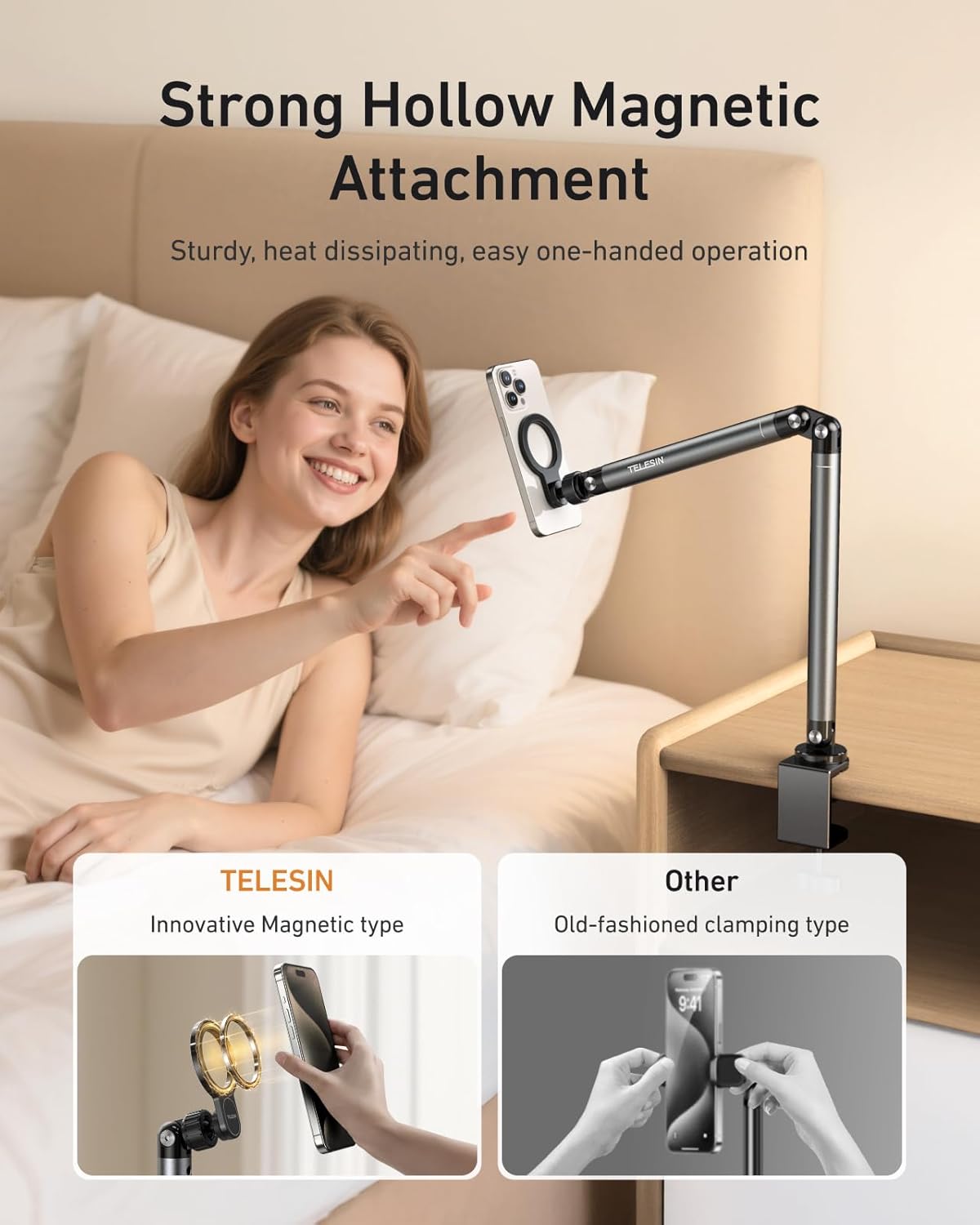 TELESIN Magnetic Phone Holder for Desk and Bed - Strong Magnetic - Tablet Stand Holder with Long Arm - 360° Freely Adjustable Rotation Base - Upgraded Silicone Clamp for iPhone, Android & IPad Series