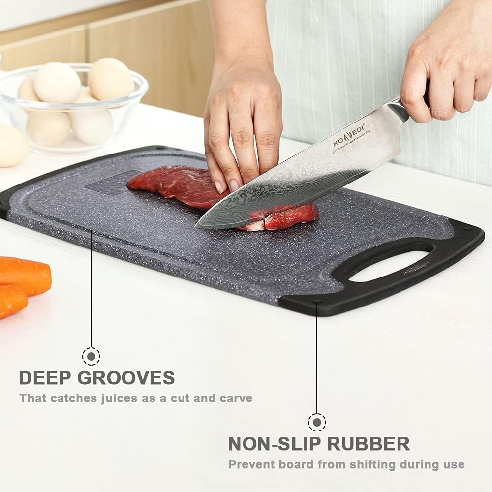 Viretang Plastic Cutting Boards Set of 3 for Kitchen, Thick Chopping Board with Deep Juice Grooves, Non‑Slip Feet, Easy Grip Handle, BPA Free, Dishwasher Safe,Black
