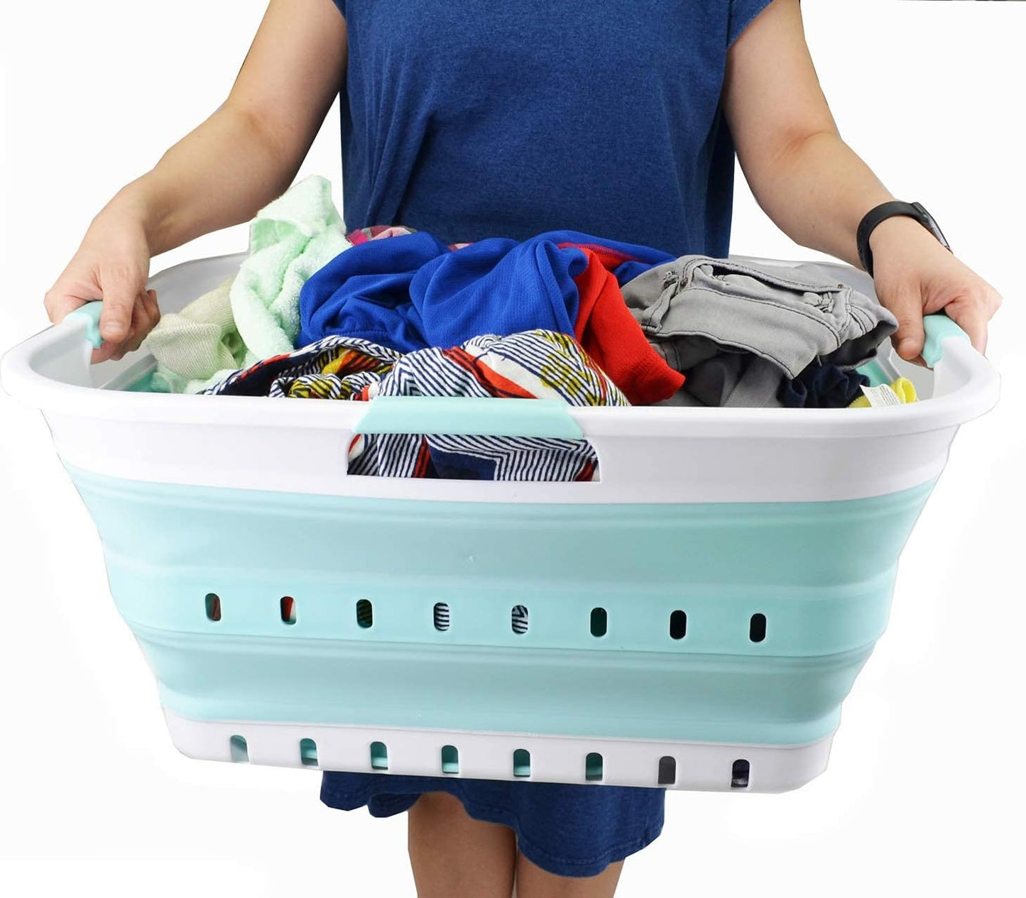 SAMMART 42L (11 gallon) Collapsible Plastic Laundry Basket - Foldable Pop Up Storage Container/Organizer - Portable Basket - Space Saving Hamper/Basket (2, White/Lake Green)