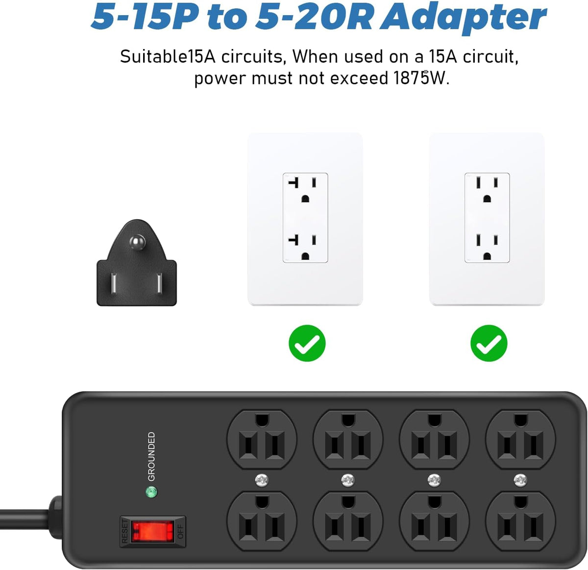 HEZI 15Amp Heavy Duty Surge Protector with 8 Outlets,14 AWG 6FT Extension